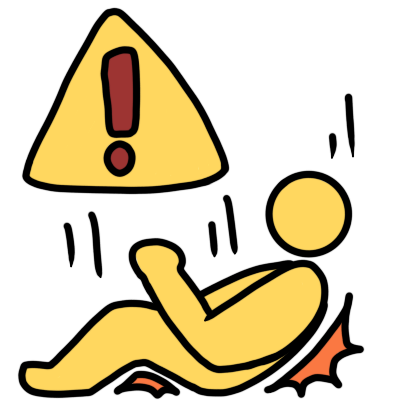 a yellow triangle with a red exclamation mark in it. below is a falling yellow figure with vertical motion lines above them and red impact shapes below them.